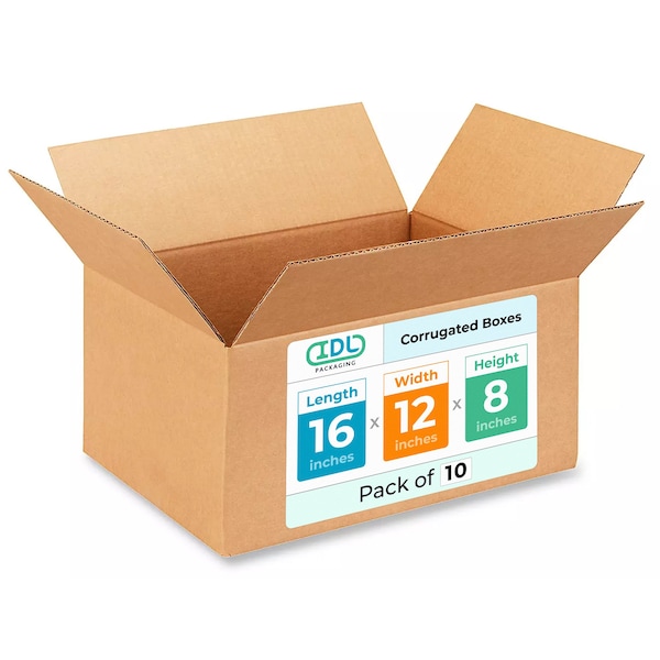 Idl Packaging 16 in x 12 in x 8 in Shipping Box, Kraft, Corrugate, Single Wall, 200#, 10 PK B-16128-10 - main